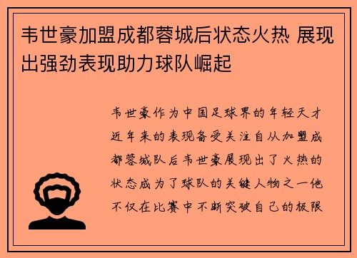 韦世豪加盟成都蓉城后状态火热 展现出强劲表现助力球队崛起
